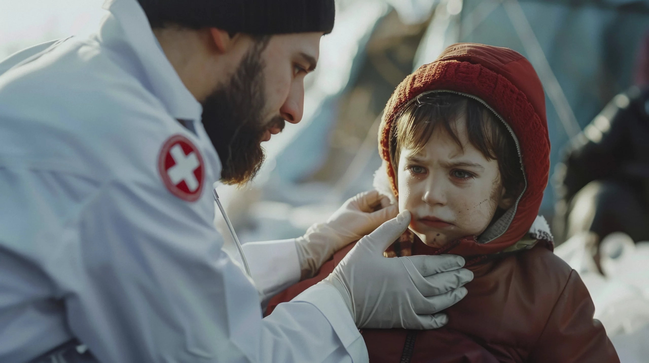 Un homme bien couvert à cause du froid étant assis après avoir était aider par Saphir Humanitaire
