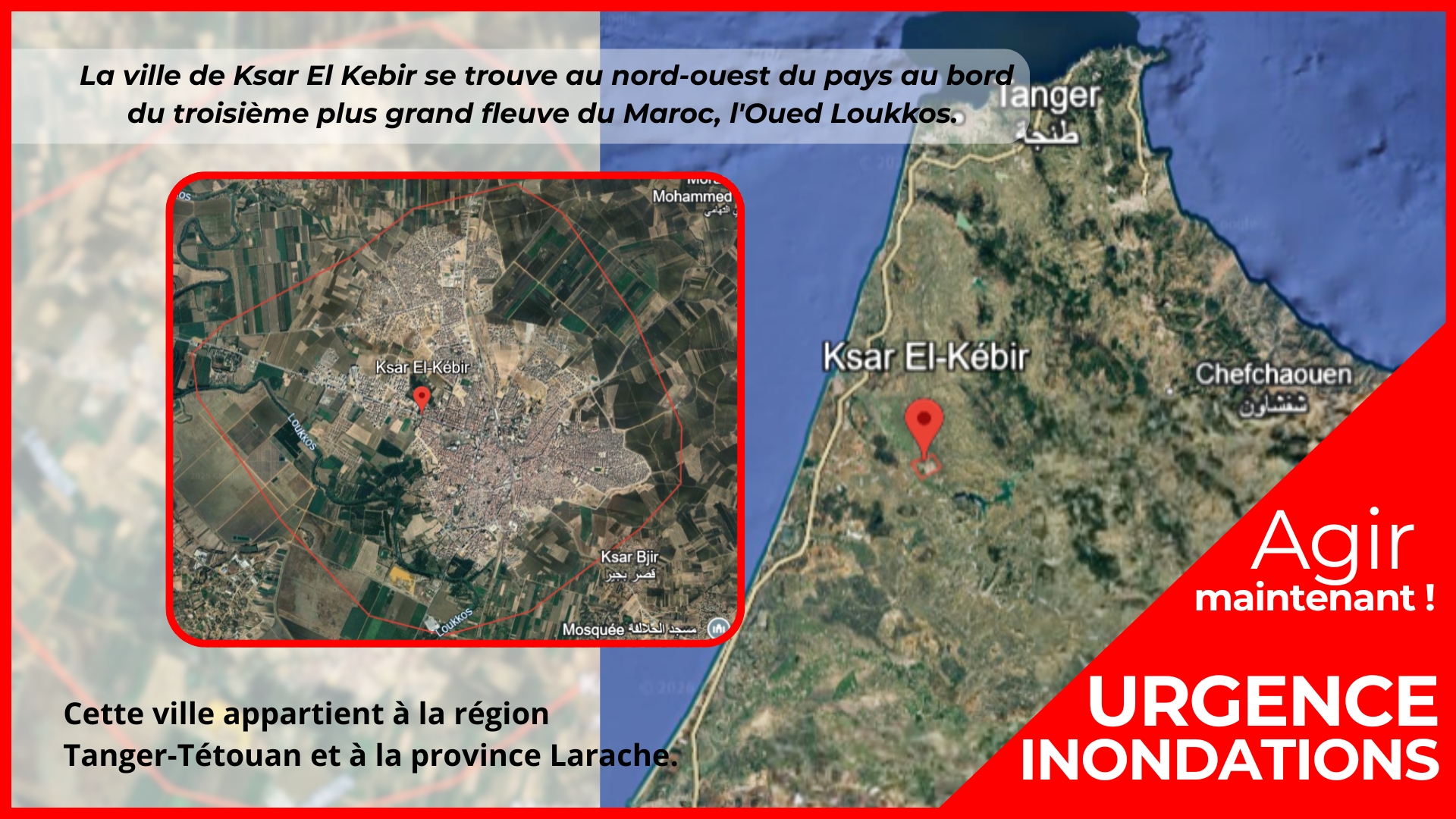 Inondations Carte de Ksar El Kebir, Maroc.